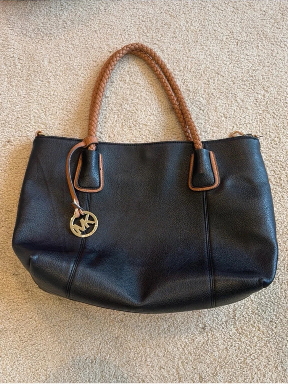 Michael Kors Black Leather Tote with Tan Braided Handles